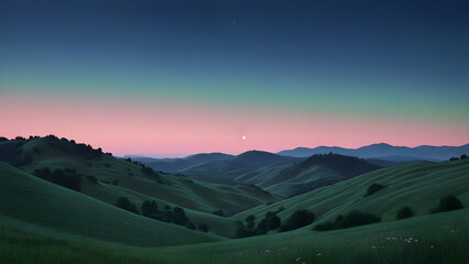 Horizontal dreamy landscape with textured hills in pointillism, glowing crescent moon, and vibrant twilight hues—perfect for print design, desktop view, landscape 