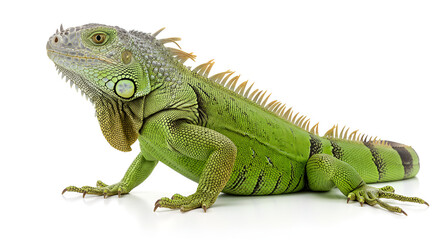 Fototapeta premium A green iguana resting on a clean white background. The reptile's vivid scales and detailed texture are clearly visible in this studio shot.