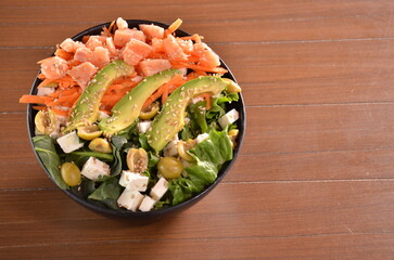 Delicious Japanese cuisine platter with sushi rolls, fried tofu and rice bowl for healthy eating