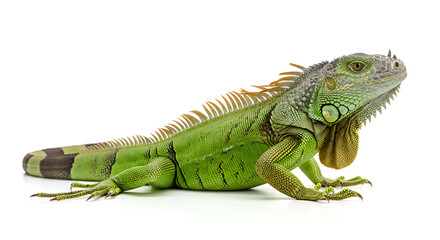 Fototapeta premium A green iguana resting on a clean white background. The reptile's vivid scales and detailed texture are clearly visible in this studio shot.