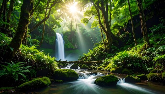 Lush waterfall in a verdant forest