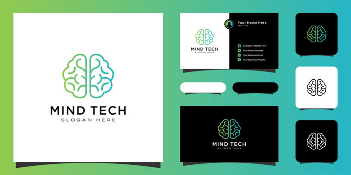 Creative smart brain technology logo design illustration and business card