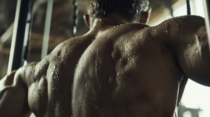 Sweaty man with muscular back exercising