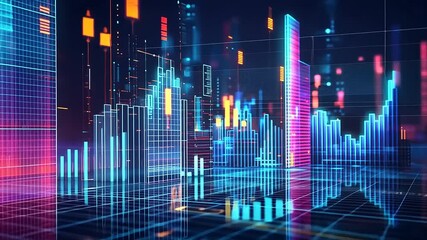 Futuristic city skyline with glowing data visualizations and financial graphs illuminating the night - Powered by Adobe