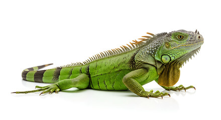 Fototapeta premium A green iguana resting on a clean white background. The reptile's vivid scales and detailed texture are clearly visible in this studio shot.