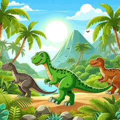 Vibrant illustration of three friendly cartoon dinosaurs amidst a lush prehistoric jungle, near a river and volcano.