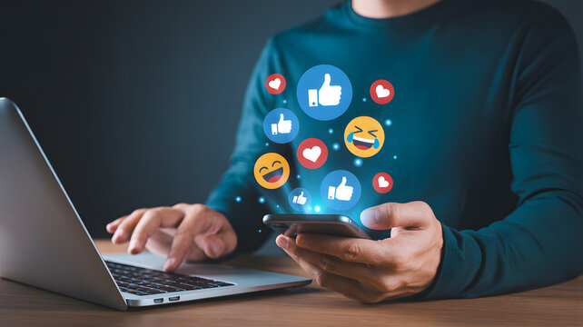 Engaging with social media reactions on a smartphone near a laptop