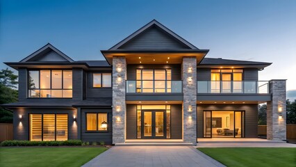 Modern luxury mansion with stone accents and large windows at dusk