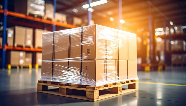Stacked cardboard boxes on a wooden pallet inside a warehouse.  Warehouse interior with high shelves,  boxes wrapped in plastic.  Sunlight highlights the goods