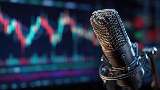 Microphone and stock market graph background for financial podcasting