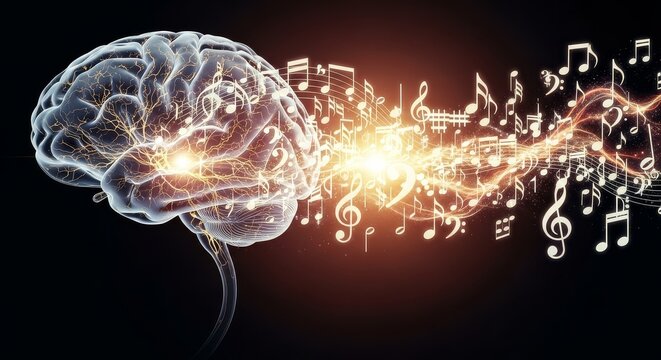 Conceptual illustration of a human brain stimulated by music, representing cognitive function and creativity.