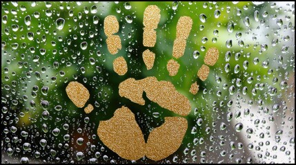 Golden handprint design on a window covered with raindrops.