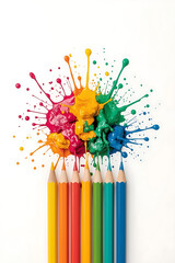 The image features five colored pencils on a white background, surrounded by vibrant paint splashes, creating an abstract and energetic display representing creativity and artistic expression.