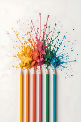 The image features five colored pencils on a white background, surrounded by vibrant paint splashes, creating an abstract and energetic display representing creativity and artistic expression.