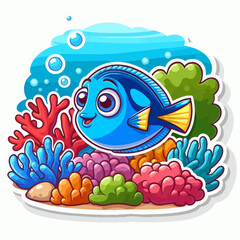 Digital illustration of a smiling blue fish surrounded by colorful coral reefs and bubbles in a playful aquatic scene.