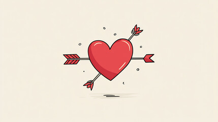One-line drawn heart with arrows, Valentine's Day illustration