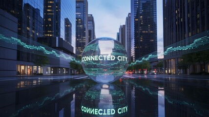 Futuristic connected city with digital globe and data streams