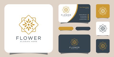 Flower mono line luxury logo with business card design