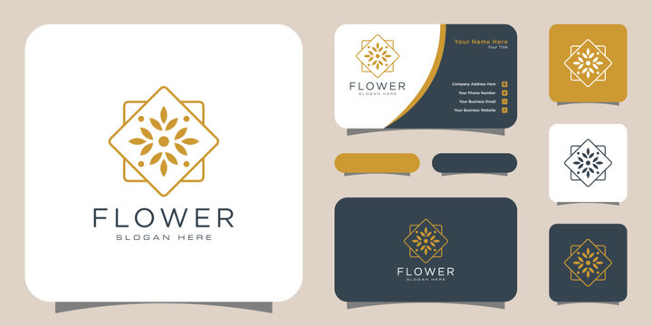 Flower mono line luxury logo with business card design - Powered by Adobe