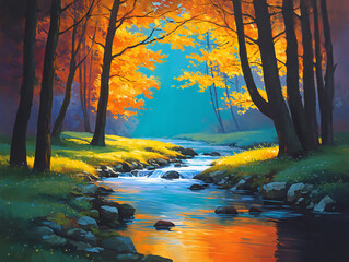 Crystal-clear stream flowing through glowing autumn woods