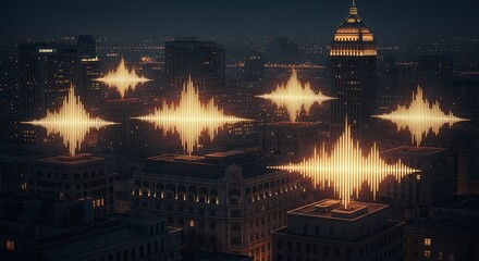 Illuminated soundwaves emanate from city buildings at night, creating an abstract display.