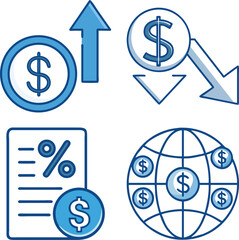 Financial concepts illustrated with dollar signs arrows percentage signs and globe elements