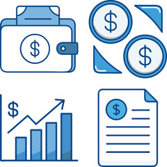 Financial icons illustrating savings investment growth budget and financial planning in blue tones