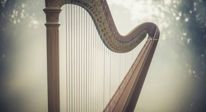 A harp stands gracefully, its strings catching the light in a soft, ethereal outdoor setting.