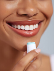 Close-up of woman smiling while applying lip balm