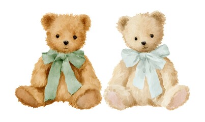 watercolor artwork of two baby teddy bears sitting down next to one another with a sage green bows