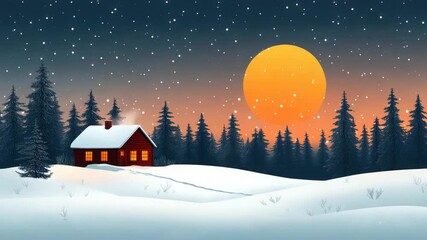 Enchanting Winter Landscape with a Cozy Cabin under the Full Moon and snow-covered trees, creating - Powered by Adobe