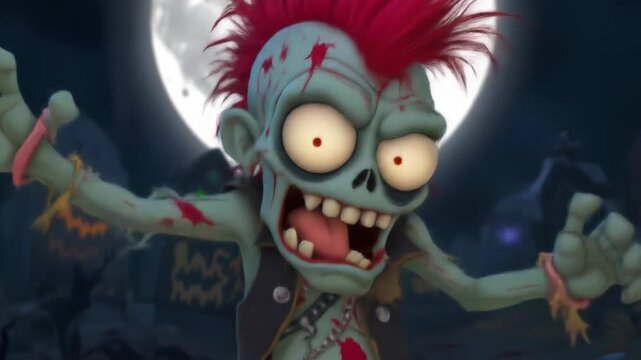 Lively pixel art zombie punk character with a mohawk in a spooky Halloween graveyard with glowing jack-o'-lanterns.