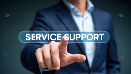 Businessman presses service support button on a futuristic digital interface
