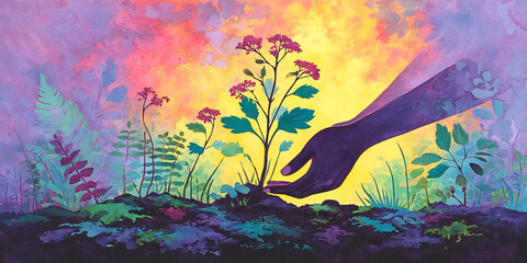 watercolor hands planting flowers, symbol of growth