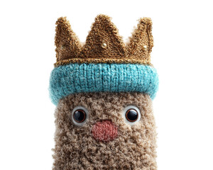 Plush figure with a crown and blue hat