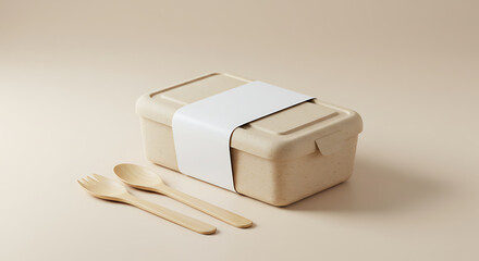 Eco-friendly bento lunch box with a blank paper sleeve for branding, paired with wooden utensils on a neutral background.