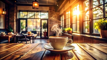 Fototapeta premium Golden hour coffee, wooden café table, calm and inviting.