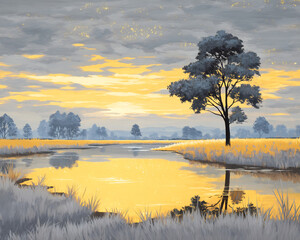 silvery ground illuminated by golden twilight