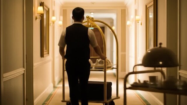 Professional hotel staff pushing a golden service cart with luggage and a tea set down an elegant, brightly lit luxury hotel corridor, symbolizing ...