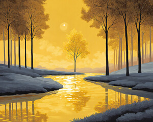 silvery ground illuminated by golden twilight