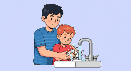 An illustration of a loving father and his young son sharing a warm hug, showing family affection.