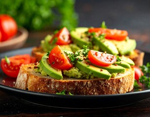 Two avocado toast slices topped with cherry tomatoes and herbs