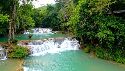 Lush waterfalls cascade through a verdant jungle