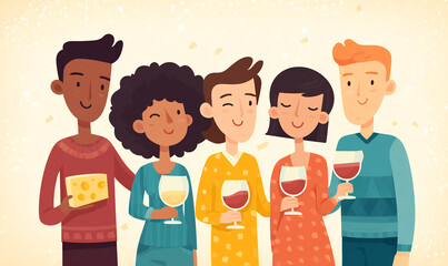 multi-ethnic friends at wine and cheese tasting