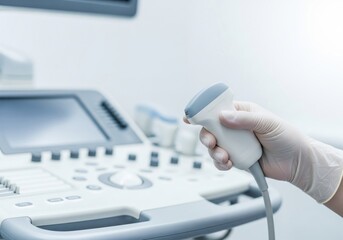Doctor Holding Ultrasound Probe in Hospital &ndash; Close-up Medical Equipment Concept