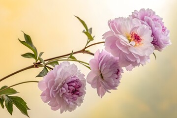 An Peony branch with several purple and white petals. Graduated background. close-up flower photography. design illustration