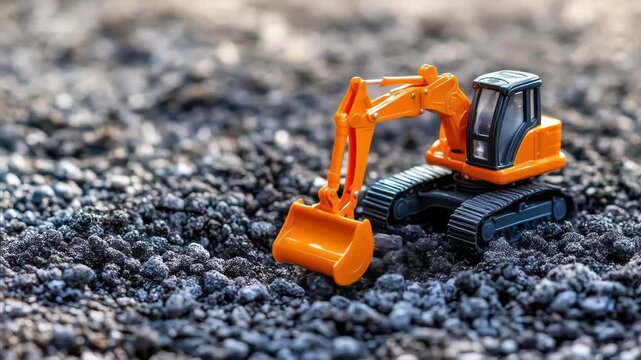 Generic toy excavator on a bed of dark gray gravel construction equipment miniature concept