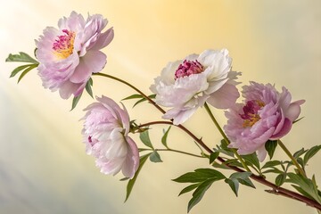An Peony branch with several purple and white petals. Graduated background. close-up flower photography. design illustration