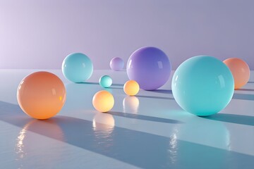 Colorful balls with gradients, glowing in orange, purple, teal, and yellow. Minimalist background with soft lighting, shadows and reflections. Abstract 3D rendering. design illustration