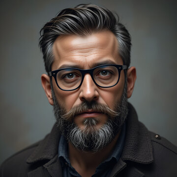 Primer plano, retrato de un hombre maduro, canoso, con barba y gafas,
